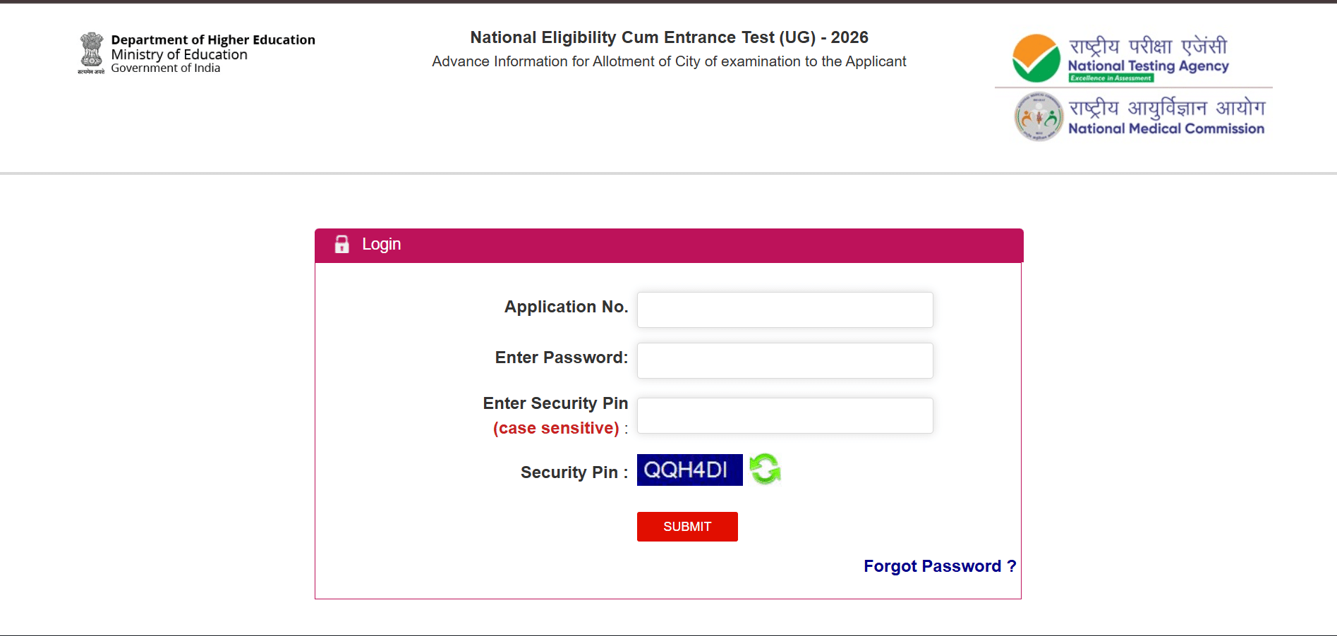 NEET UG City Intimation Slip