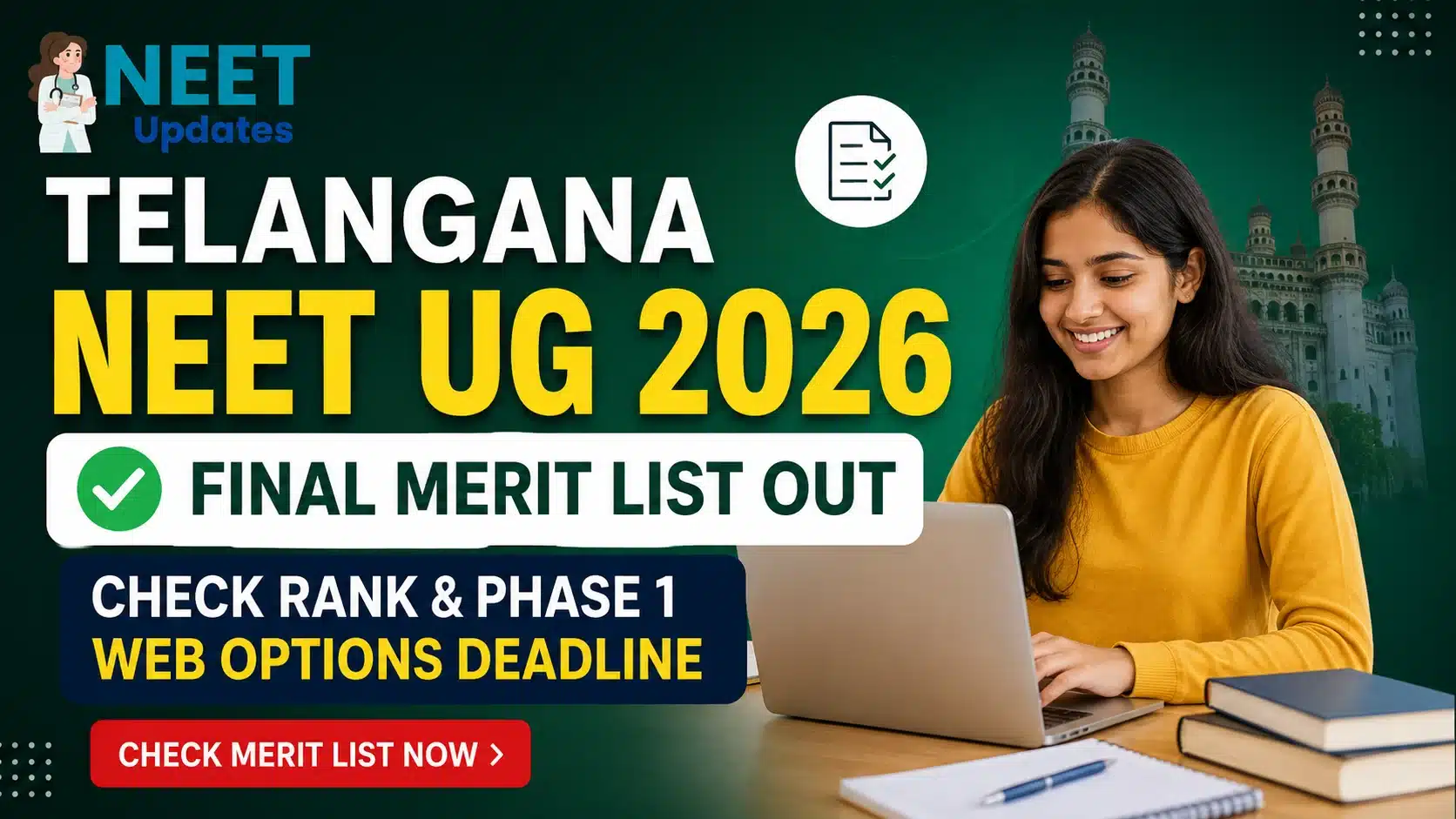 Telangana NEET UG 2026 Final Merit List Out: Check Rank & Phase 1 Web Options Deadline | Neet Updates Telangana NEET UG 2026 Final Merit List